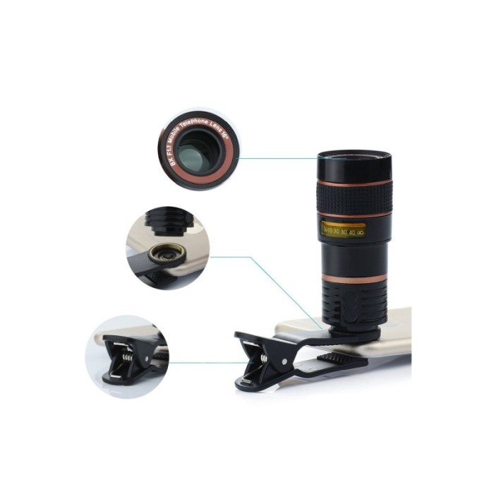 Lentila optica Top Zoom Lens, pentru telefon,tip telescop,marire 8X, clips de prindere, laveta inclusa, negru [2]