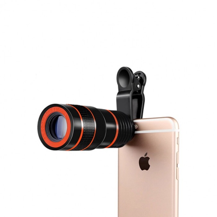 Lentila optica Top Zoom Lens, pentru telefon,tip telescop,marire 8X, clips de prindere, laveta inclusa, negru [6]