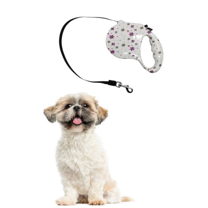 Lesa retractabila PlushLeash Doty®, 5m, design creativ cu flori, perfect pentru animalele de companie de talie medie, alb/mov [4]