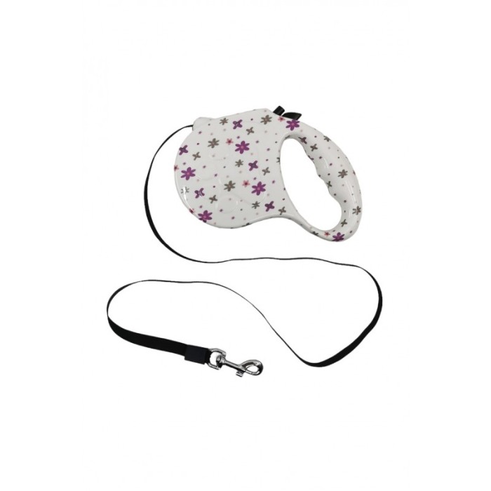 Lesa retractabila PlushLeash Doty®, 5m, design creativ cu flori, perfect pentru animalele de companie de talie medie, alb/mov [1]