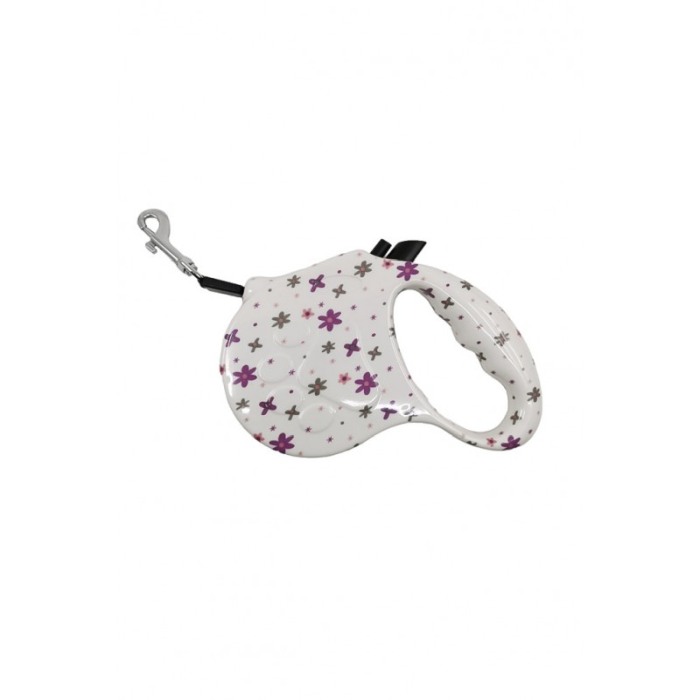 Lesa retractabila PlushLeash Doty®, 5m, design creativ cu flori, perfect pentru animalele de companie de talie medie, alb/mov [2]