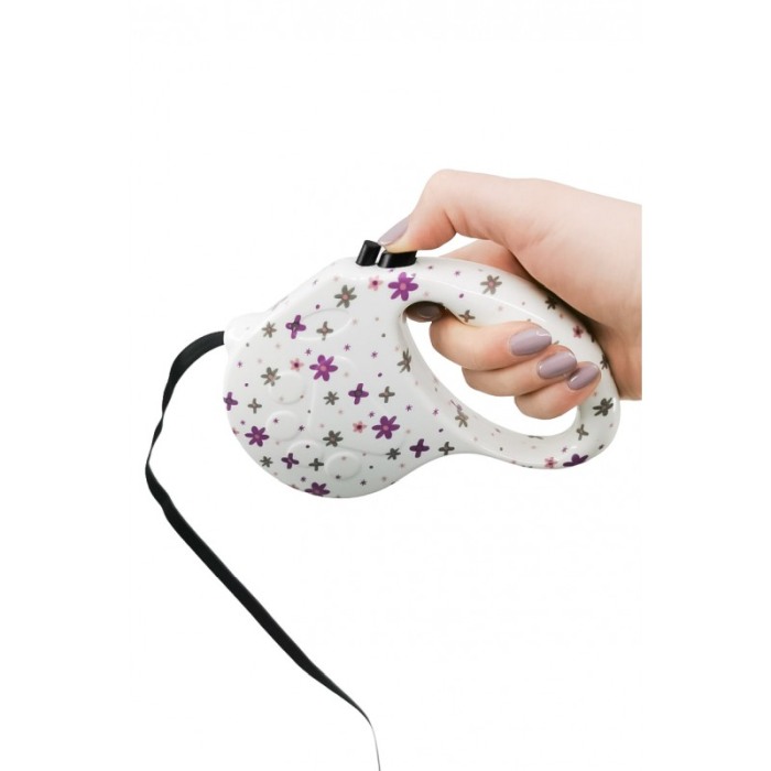 Lesa retractabila PlushLeash Doty®, 5m, design creativ cu flori, perfect pentru animalele de companie de talie medie, alb/mov [6]