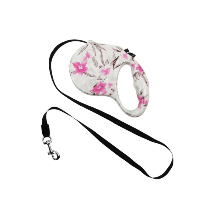 Lesa retractabila PlushLeash Doty®, 5m, design creativ cu flori, perfect pentru animalele de companie de talie medie, alb/roz [1]