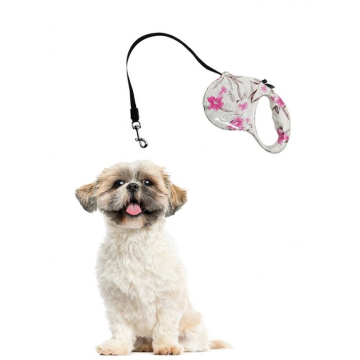 Lesa retractabila PlushLeash Doty®, 5m, design creativ cu flori, perfect pentru animalele de companie de talie medie, alb/roz [4]