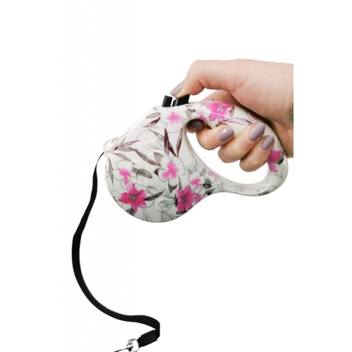 Lesa retractabila PlushLeash Doty®, 5m, design creativ cu flori, perfect pentru animalele de companie de talie medie, alb/roz [5]