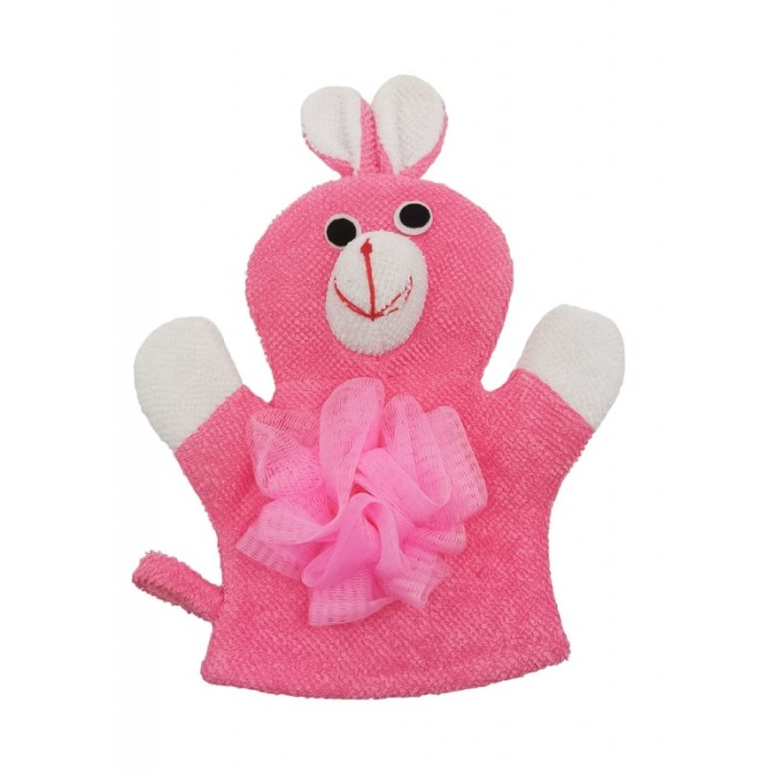 Manusa de baie BunnyBath, forma iepure, cu 2 fete, efect exfoliant, 26x20 cm, roz, Doty®️ [3]