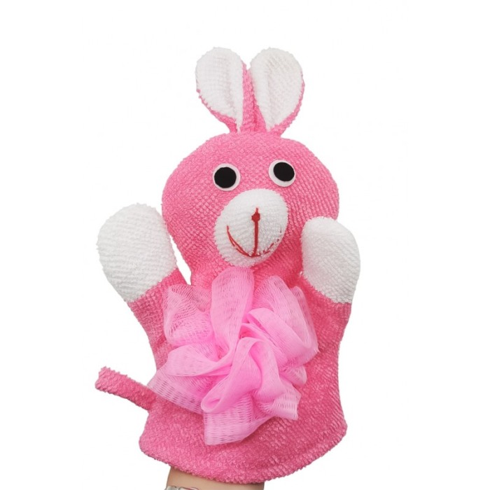 Manusa de baie BunnyBath, forma iepure, cu 2 fete, efect exfoliant, 26x20 cm, roz, Doty®️ [1]
