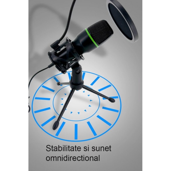 Microfon capacitiv USB PodLive Doty®,pentru streaming, cu trepied, pentru PC, sunet omnidirectional,negru/verde [7]