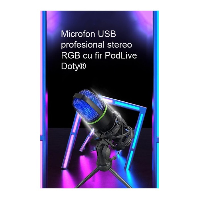 Microfon capacitiv USB PodLive Doty®,pentru streaming, cu trepied, pentru PC, sunet omnidirectional,negru/verde [3]