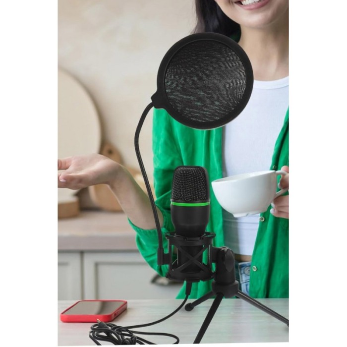 Microfon capacitiv USB PodLive Doty®,pentru streaming, cu trepied, pentru PC, sunet omnidirectional,negru/verde [10]