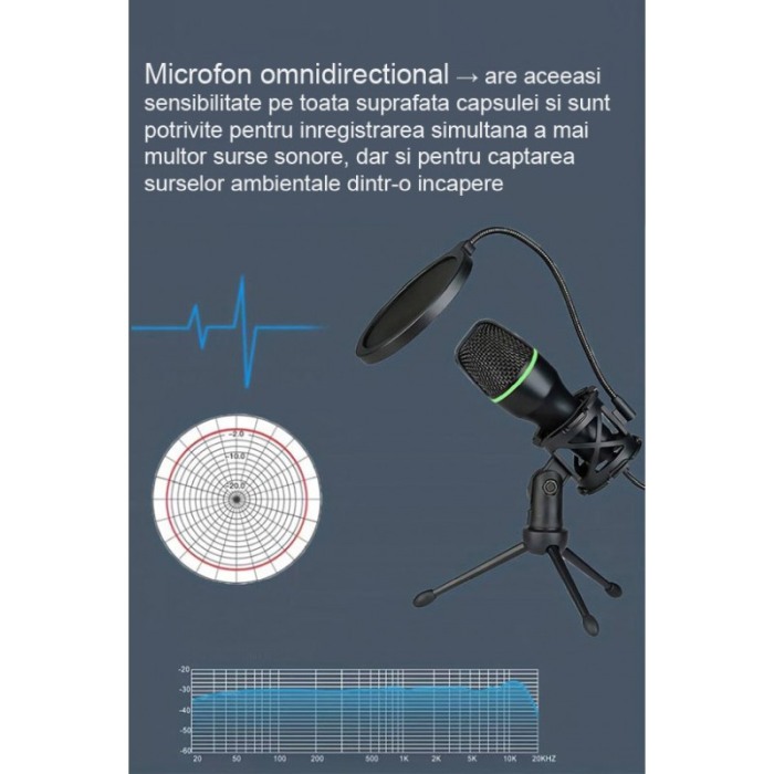 Microfon capacitiv USB PodLive Doty®,pentru streaming, cu trepied, pentru PC, sunet omnidirectional,negru/verde [6]