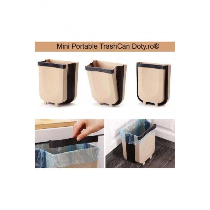 Mini Cos de gunoi Portable TrashCan Doty.ro®, suspendat, Pliabil, 4 L capacitate, 17x13 cm, maro [4]