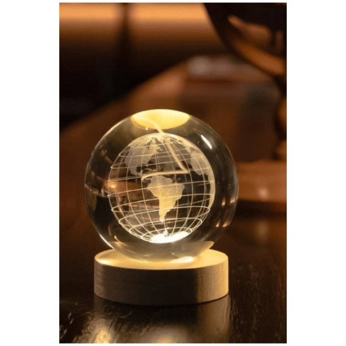Mini glob decorativ din sticla EarthLight, iluminat, design creativ, cu planeta Pamant, USB inclus, baza din lemn, 9 cm [8]