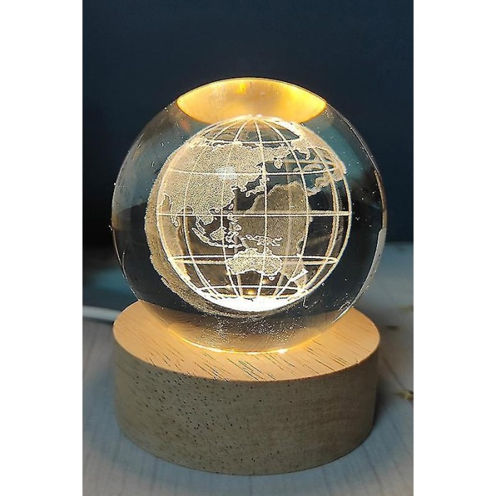 Mini glob decorativ din sticla EarthLight, iluminat, design creativ, cu planeta Pamant, USB inclus, baza din lemn, 9 cm [2]