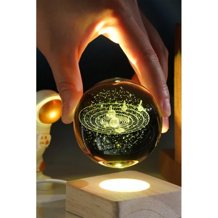 Mini glob decorativ din sticla SystemLight, iluminat, design creativ, cu sistemul solar, USB inclus, baza din lemn, 9 cm [4]