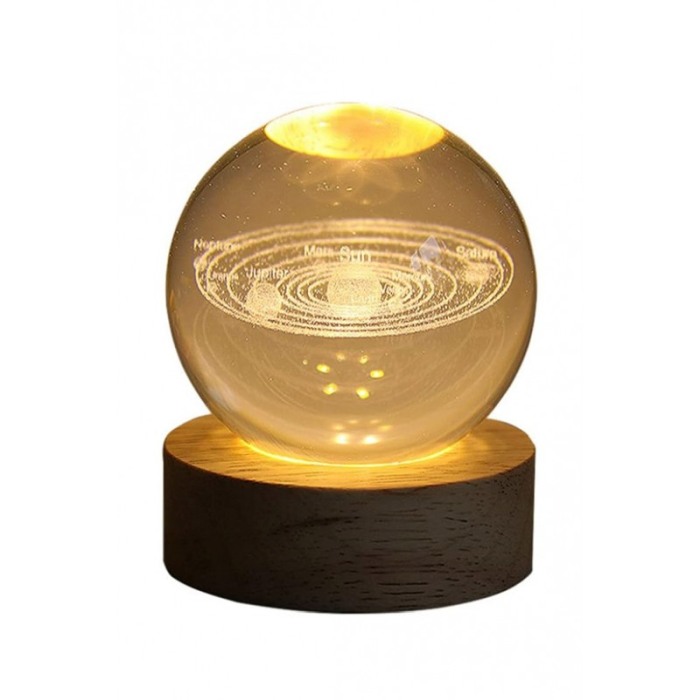 Mini glob decorativ din sticla SystemLight, iluminat, design creativ, cu sistemul solar, USB inclus, baza din lemn, 9 cm [1]