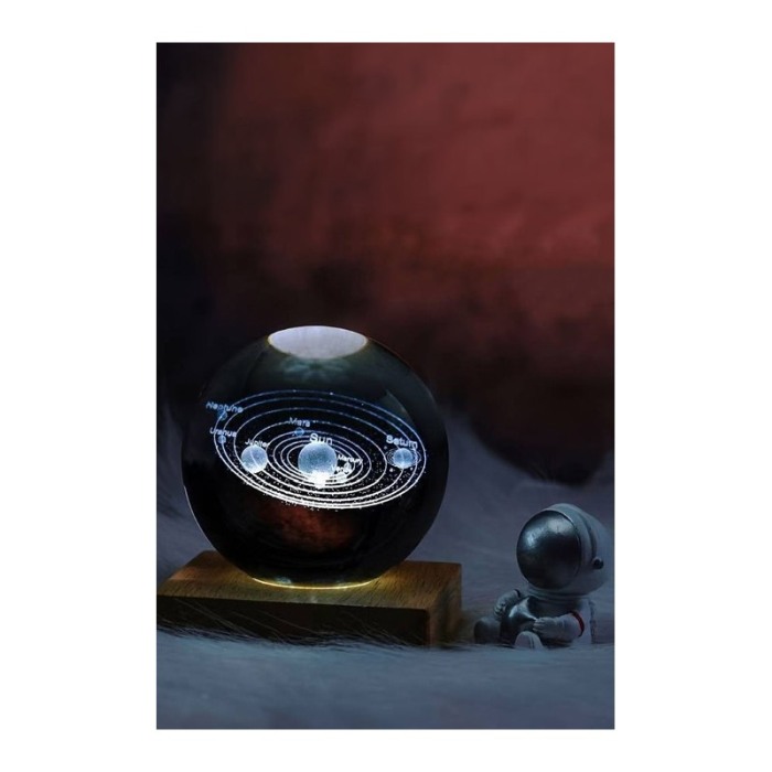 Mini glob decorativ din sticla SystemLight, iluminat, design creativ, cu sistemul solar, USB inclus, baza din lemn, 9 cm [9]