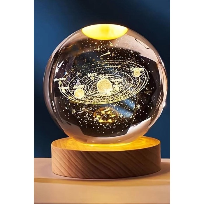 Mini glob decorativ din sticla SystemLight, iluminat, design creativ, cu sistemul solar, USB inclus, baza din lemn, 9 cm [2]