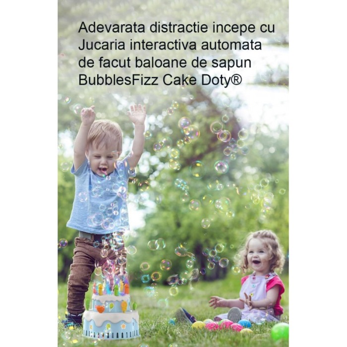 Mini Masina automata de facut baloane de sapun BubblesFizz Cake Doty®, efecte sonore, 11x11 cm, 70 ml solutie inclusa, babyblue [3]