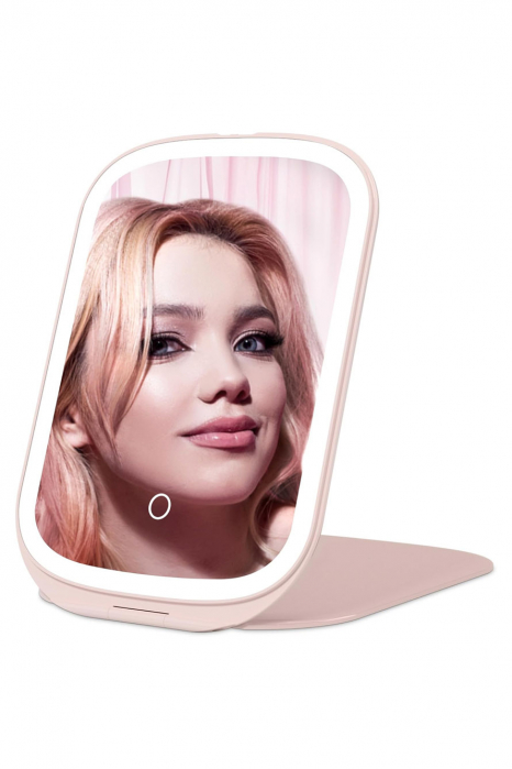 Mini Oglinda Cosmetica Portabila AllTime Espejo Doty®, iluminare LED, 3 tipuri de lumina, USB inclus, 20x13 cm, practica si usor de transportat, design minimalist si elegant, roz pudra [2]