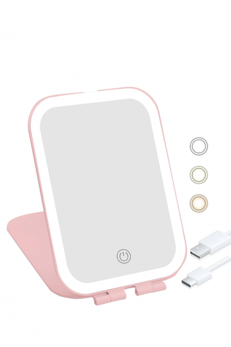 Mini Oglinda Cosmetica Portabila AllTime Espejo Doty®, iluminare LED, 3 tipuri de lumina, USB inclus, 20x13 cm, practica si usor de transportat, design minimalist si elegant, roz pudra [5]