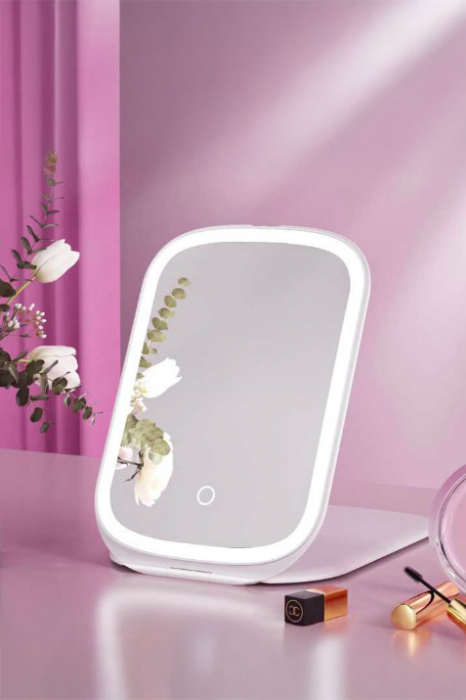 Mini Oglinda Cosmetica Portabila AllTime Espejo Doty®, iluminare LED, 3 tipuri de lumina, USB inclus, 20x13 cm, practica si usor de transportat, design minimalist si elegant, roz pudra [9]