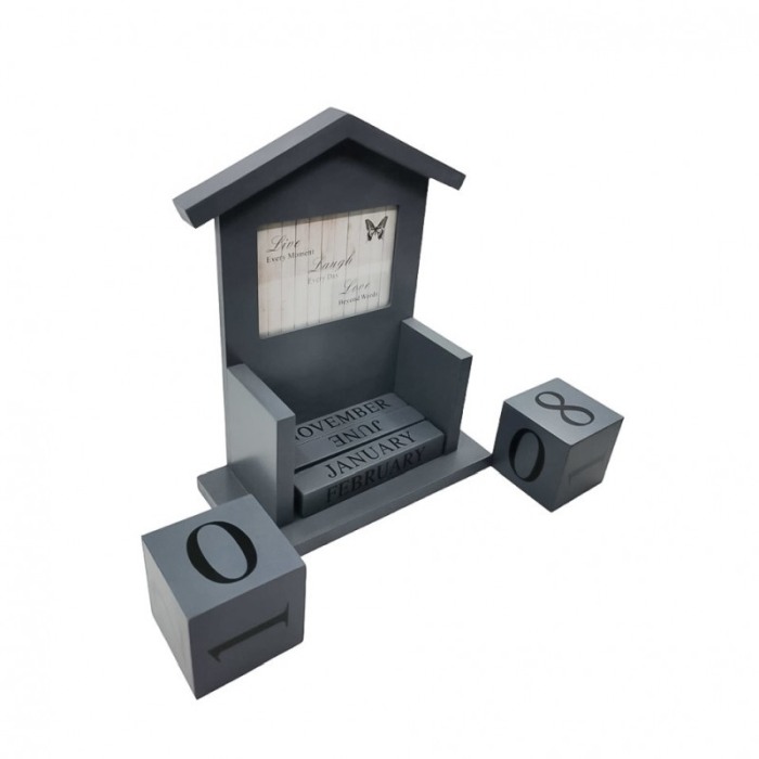 Obiect decorativ Little House, are calendar si mesaj inspirational inscripitionat, din lemn, 20x23x9 cm, gri, Doty®️ [4]
