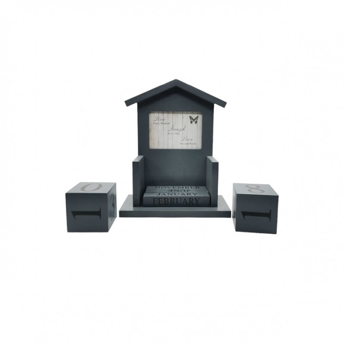 Obiect decorativ Little House, are calendar si mesaj inspirational inscripitionat, din lemn, 20x23x9 cm, gri, Doty®️ [3]