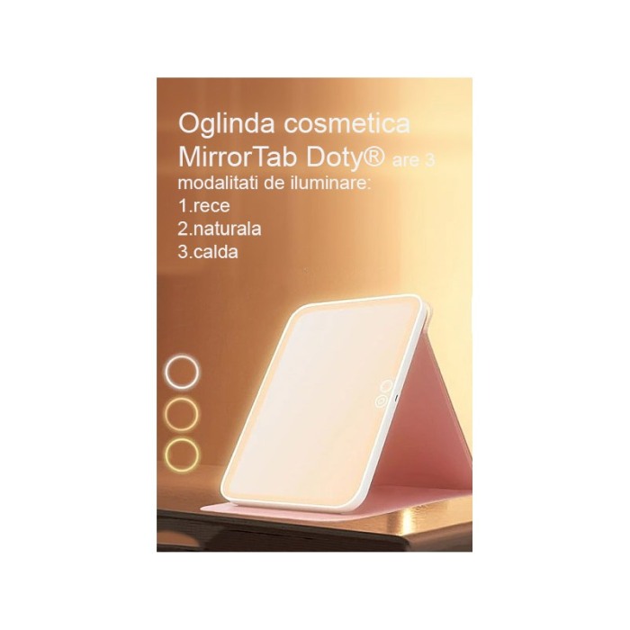 Oglinda cosmetica MirrorTab Doty®, cu LED, 3 tipuri de iluminare, design tip tableta cu husa, USB inclus, 23x17 cm, roz [5]