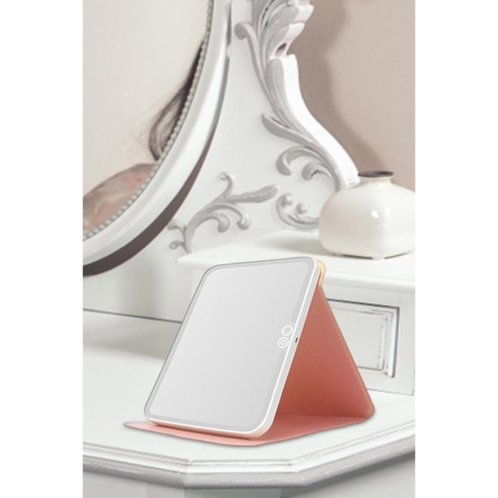 Oglinda cosmetica MirrorTab Doty®, cu LED, 3 tipuri de iluminare, design tip tableta cu husa, USB inclus, 23x17 cm, roz [3]