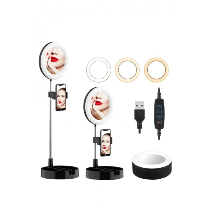 Oglinda rotunda LiveNow cu iluminare LED, pentru Live Streaming,brat telescopic,suport pentru telefon,3 moduri de lumina, 10 tre [5]