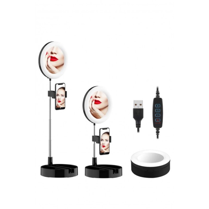 Oglinda rotunda LiveNow cu iluminare LED, pentru Live Streaming,brat telescopic,suport pentru telefon,3 moduri de lumina, 10 tre [4]
