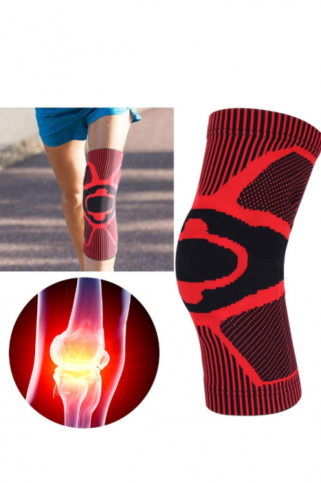 Orteza elastica ProFlex Knee Doty®, tip genunchiera, cu arcuire metalica si pernita din silicon pentru rotula, pentru activitati sportive, material compresiv si respirabil, marime universala, rosu/neg [5]