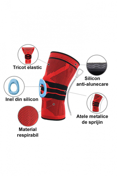Orteza elastica ProFlex Knee Doty®, tip genunchiera, cu arcuire metalica si pernita din silicon pentru rotula, pentru activitati sportive, material compresiv si respirabil, marime universala, rosu/neg [3]