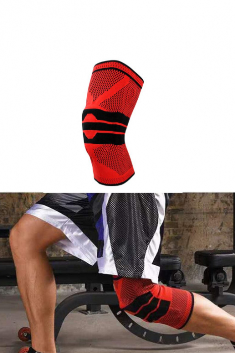 Orteza elastica ProFlex Knee Doty®, tip genunchiera, cu arcuire metalica si pernita din silicon pentru rotula, pentru activitati sportive, material compresiv si respirabil, marime universala, rosu/neg [9]