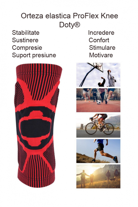Orteza elastica ProFlex Knee Doty®, tip genunchiera, cu arcuire metalica si pernita din silicon pentru rotula, pentru activitati sportive, material compresiv si respirabil, marime universala, rosu/neg [8]