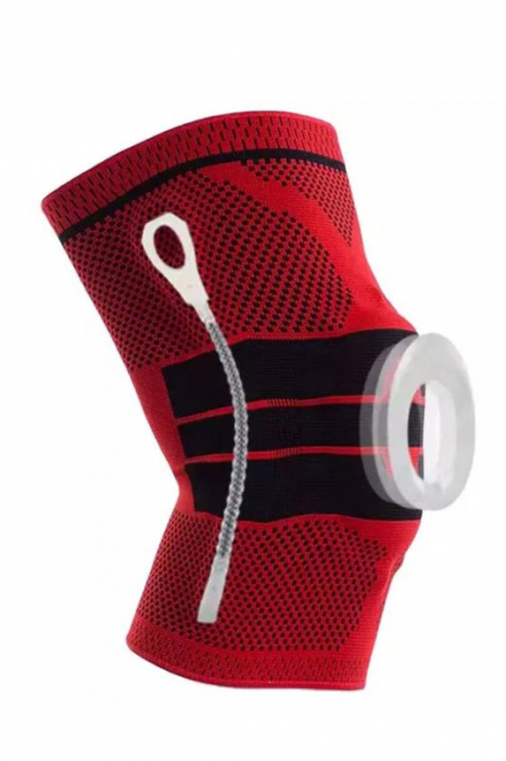 Orteza elastica ProFlex Knee Doty®, tip genunchiera, cu arcuire metalica si pernita din silicon pentru rotula, pentru activitati sportive, material compresiv si respirabil, marime universala, rosu/neg [2]