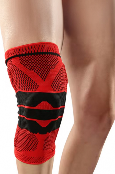Orteza elastica ProFlex Knee Doty®, tip genunchiera, cu arcuire metalica si pernita din silicon pentru rotula, pentru activitati sportive, material compresiv si respirabil, marime universala, rosu/neg [4]