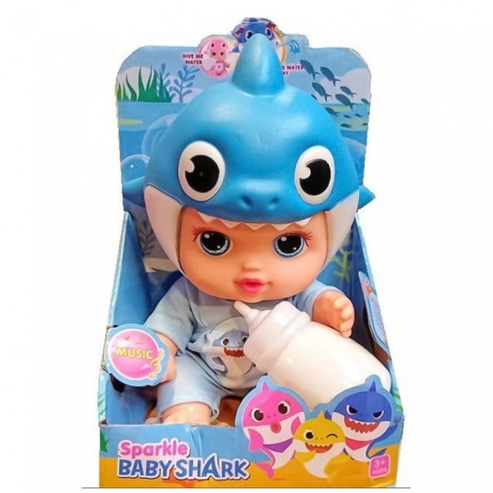 Papusa bebelus de jucarie Squeeze Baby Shark, biberon inclus, canta , prin apasare poate arunca apa, 26 cm, albastru [2]