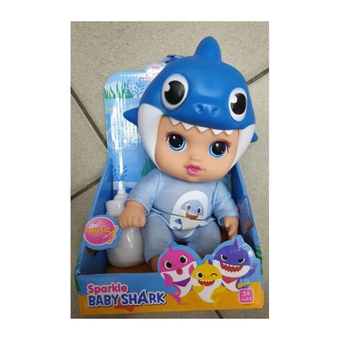 Papusa bebelus de jucarie Squeeze Baby Shark, biberon inclus, canta , prin apasare poate arunca apa, 26 cm, albastru [3]