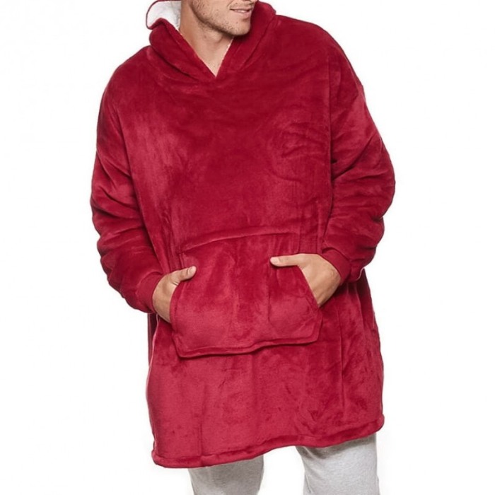 Patura CosyHoodie, tip hanorac, cu maneci,gluga si buzunare,marime universala,80 x 100 cm, rosu/alb [4]