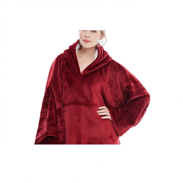 Patura CosyHoodie, tip hanorac, cu maneci,gluga si buzunare,marime universala,80 x 100 cm, rosu/alb [5]