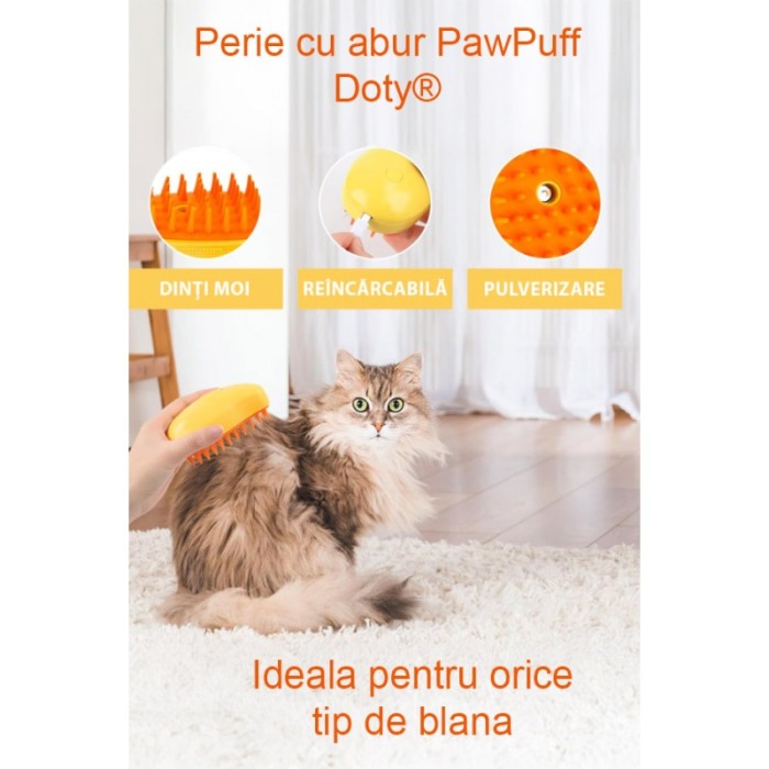Perie cu abur 3 in1 PawPuff Doty® pentru animalele de companie, USB, curata/indeparteaza parul/maseaza, galbena [7]