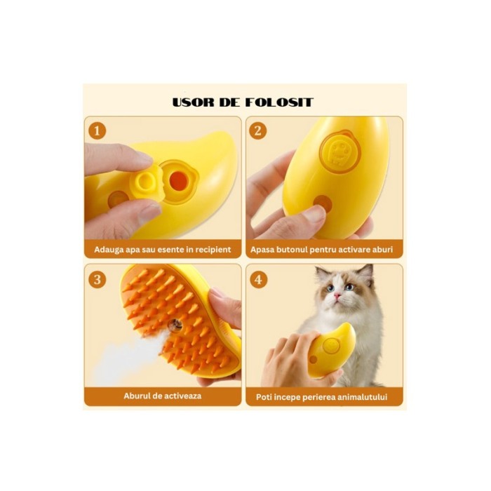 Perie cu abur 3 in1 PawPuff Doty® pentru animalele de companie, USB, curata/indeparteaza parul/maseaza, galbena [1]