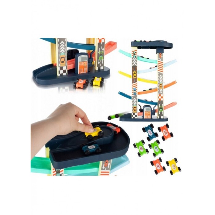 Pista cu 6 masinute Let's Race, tip circuit, 40x30 cm, 6 etaje colorate, joc interactiv si distractiv, multicolor, Doty®️ [4]