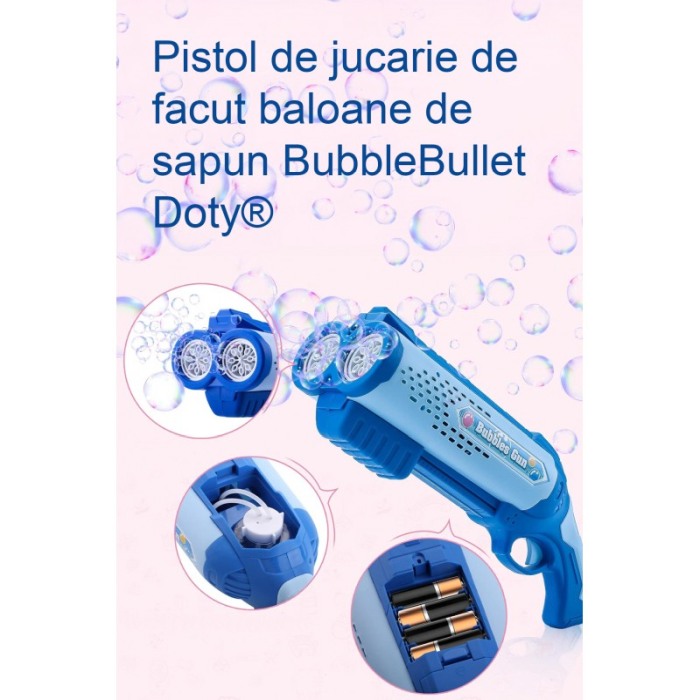 Pistol de jucarie de facut baloane de sapun BubbleBullet Doty®, electric, 2 sticulete cu solutie incluse, interactiv, albastru [3]