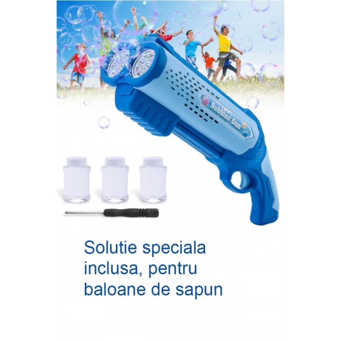 Pistol de jucarie de facut baloane de sapun BubbleBullet Doty®, electric, 2 sticulete cu solutie incluse, interactiv, albastru [8]