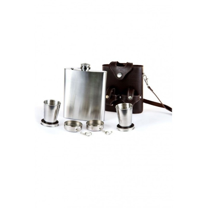 Plosca din inox in toc din piele ecologica maro,2 pahare pliabile, tocul are si curea,usor de transportat,500 ml doty [2]