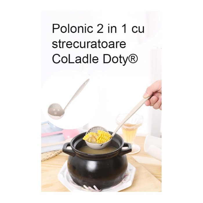 Polonic 2 in1 cu strecuratoare CoLadle Doty®, 28 cm, practic si usor de folosit, se poate agata, multicolor [8]