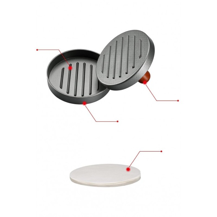 Presa manuala pentru hamburgeri Press It cu 50 de foi de hartie incluse, cu striatii, 12 cmx2 cm, metalic, gri, Doty®️ [6]